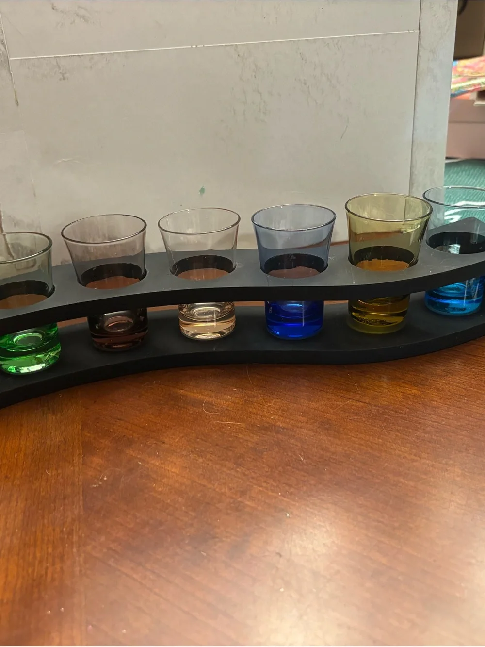 Multicolor Shot Glass Set with Black Wooden Rack